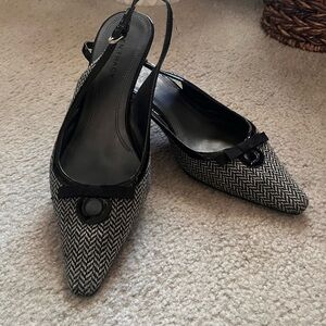 Ellen Tracy Black Herringbone Pointed Toe Slingback Heels